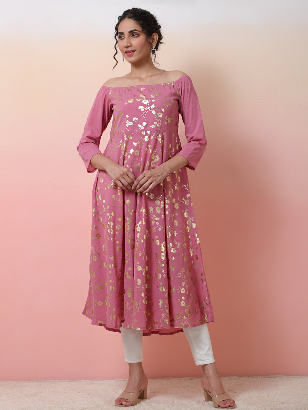 Pink Floral Print Off Shoulder Dress - Elganza