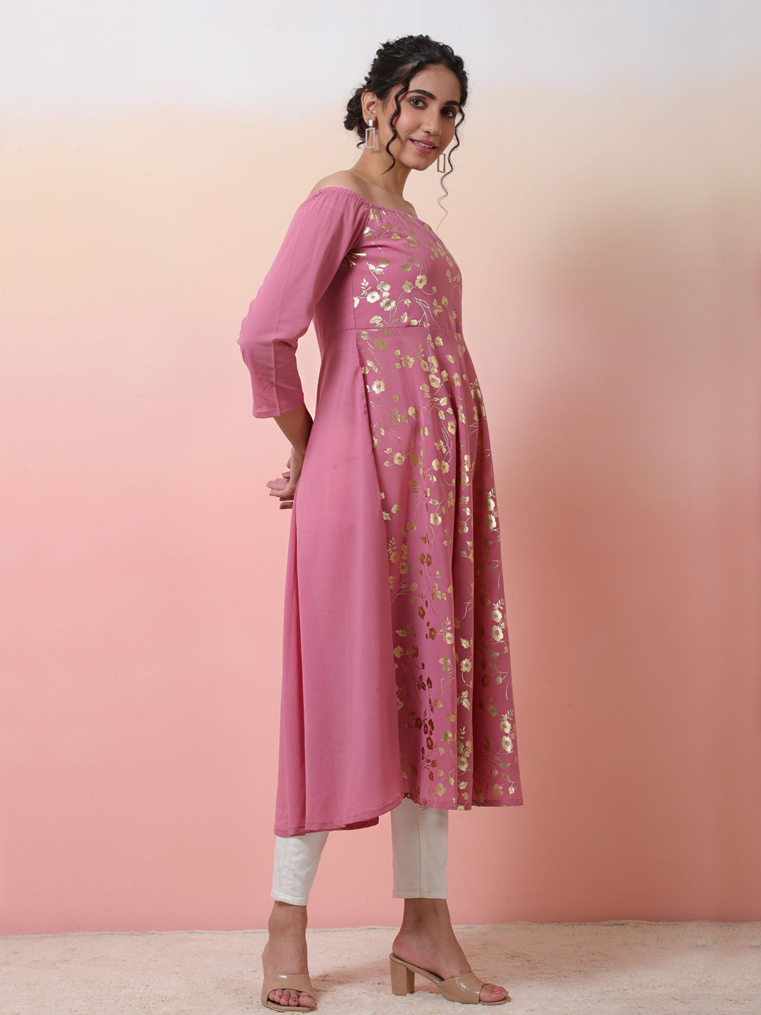Pink Floral Print Off Shoulder Dress - Elganza