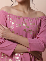 Pink Floral Print Off Shoulder Dress - Elganza