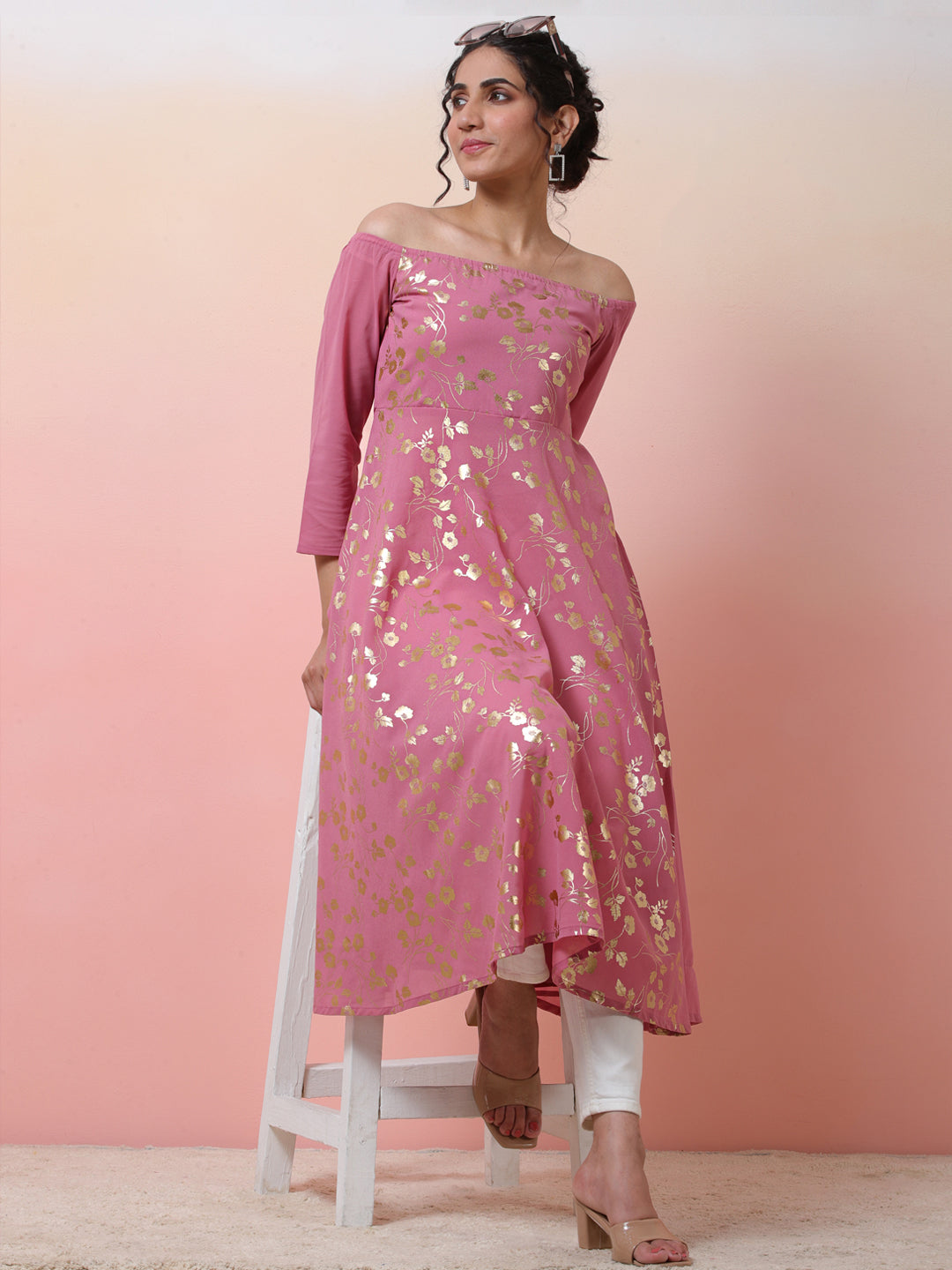 Pink Floral Print Off Shoulder Dress - Elganza