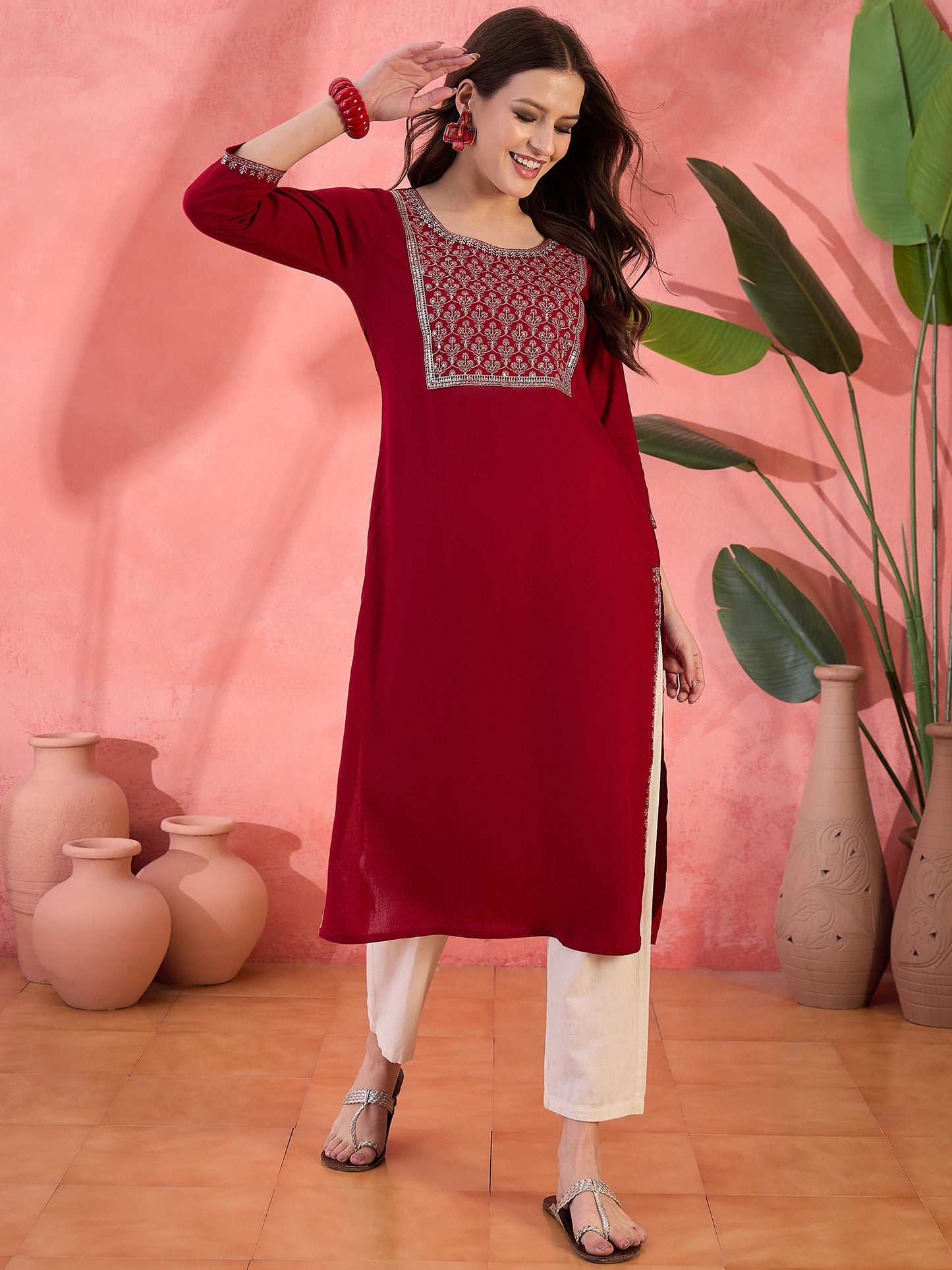 Maroon Embroidered Yoke Kurta - Elganza