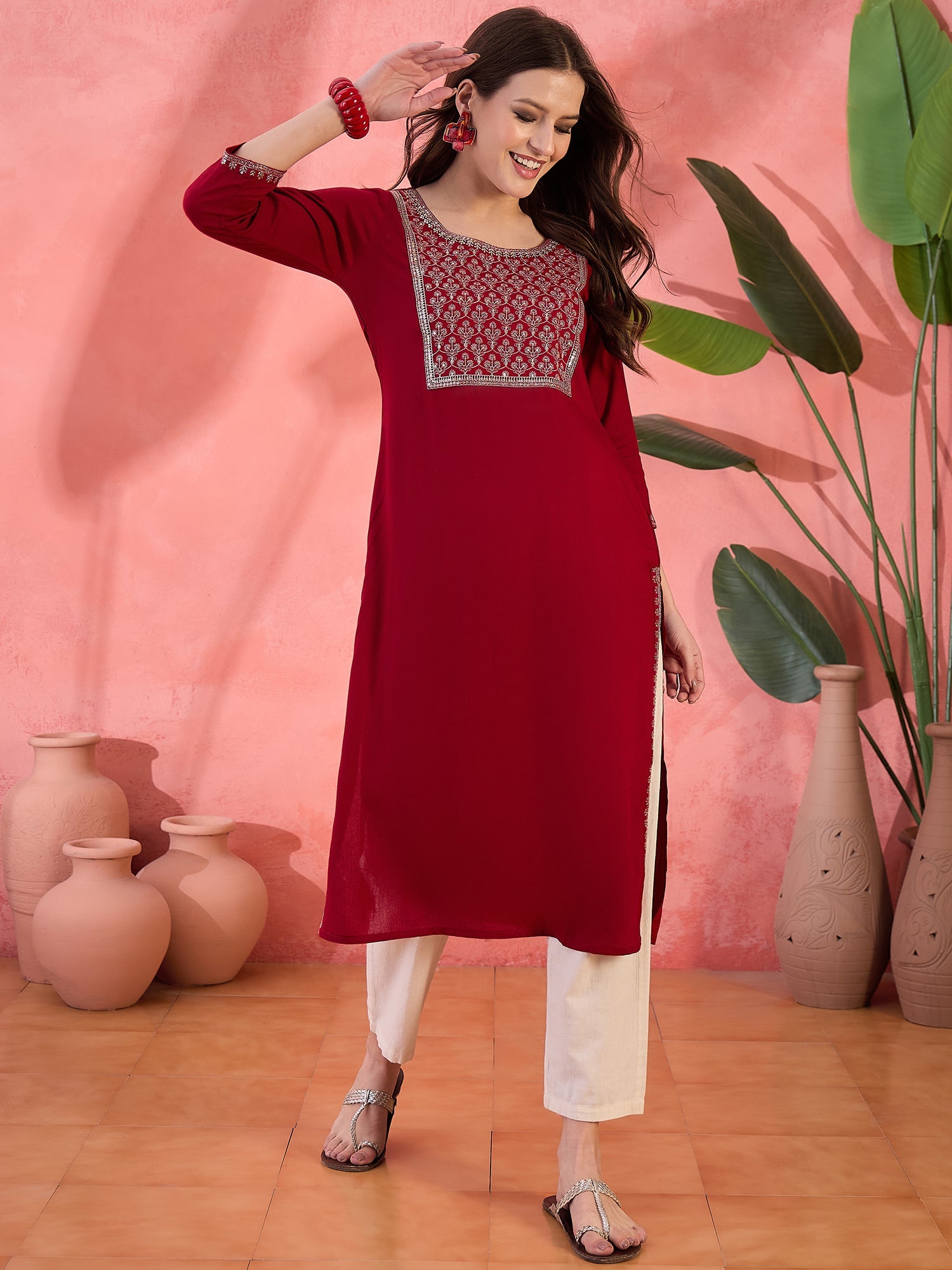 Maroon Embroidered Yoke Kurta - Elganza
