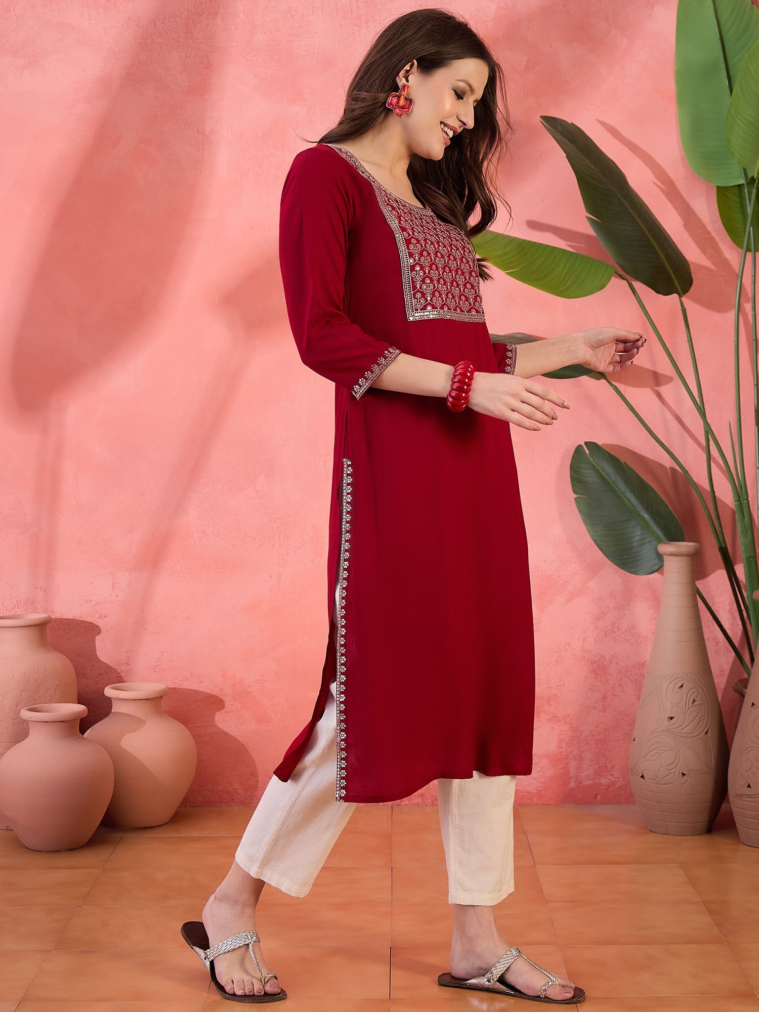 Maroon Embroidered Yoke Kurta - Elganza