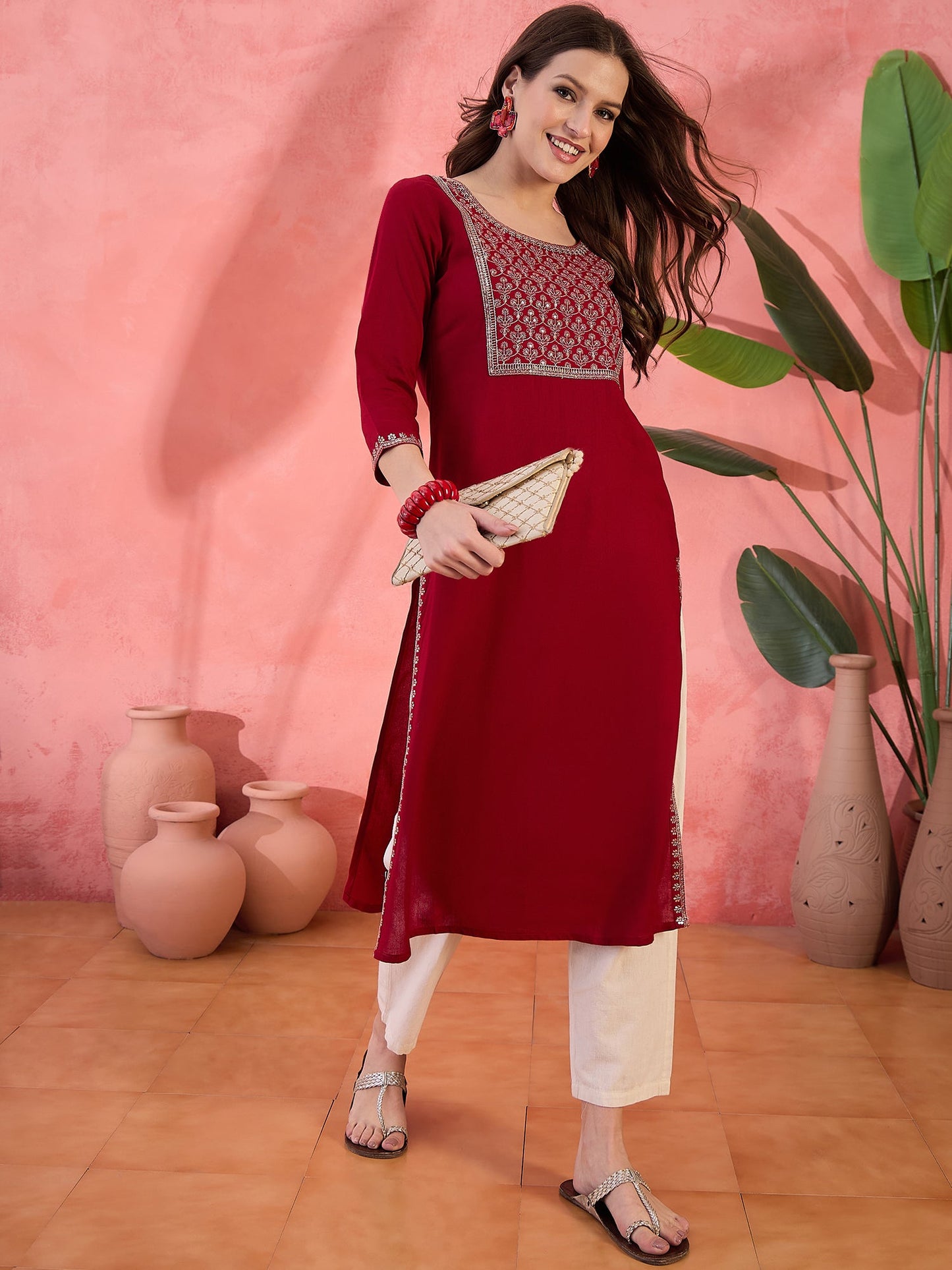 Maroon Embroidered Yoke Kurta - Elganza