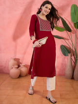 Maroon Embroidered Yoke Kurta - Elganza