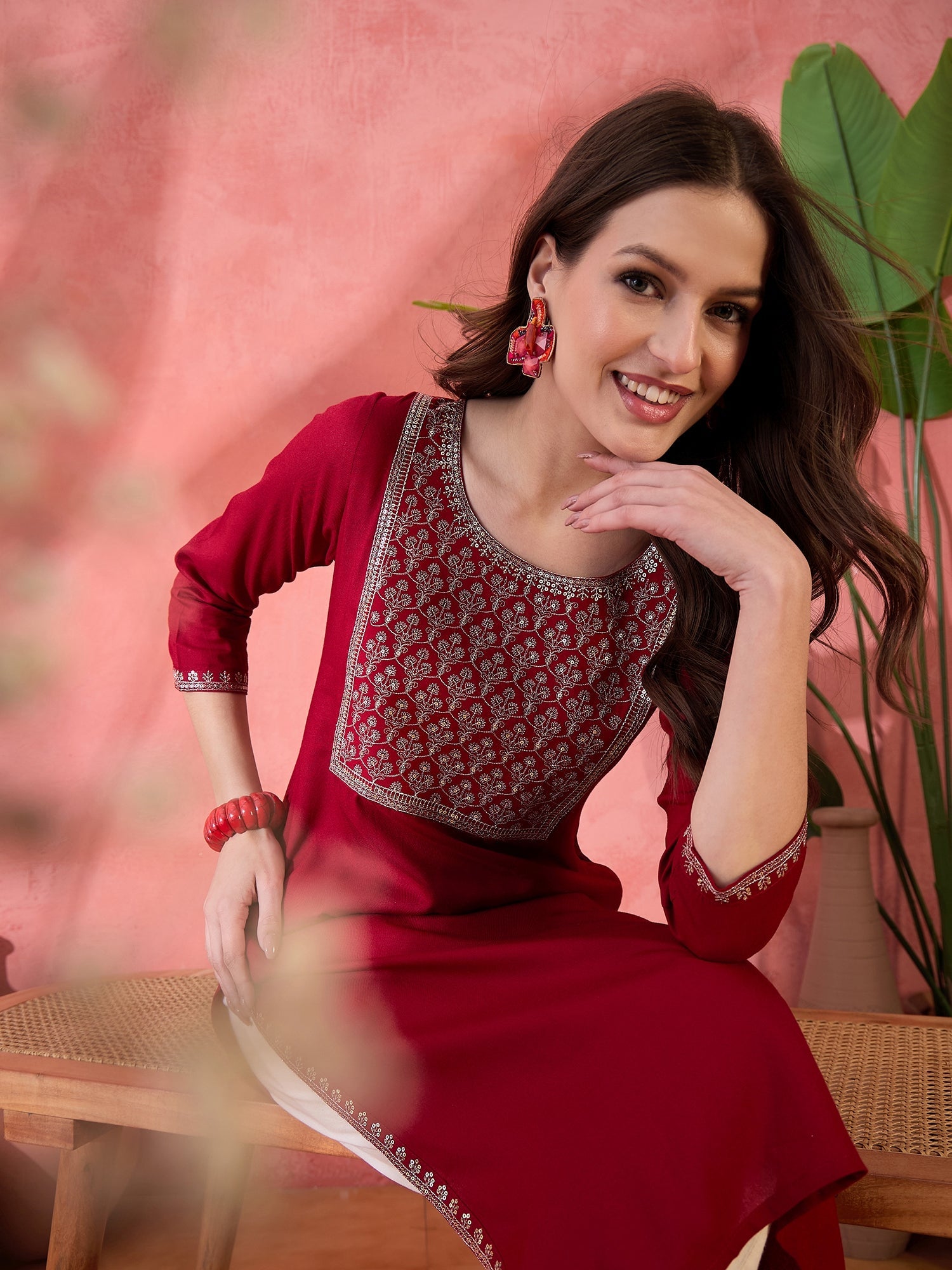 Maroon Embroidered Yoke Kurta - Elganza
