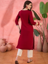 Maroon Embroidered Yoke Kurta - Elganza