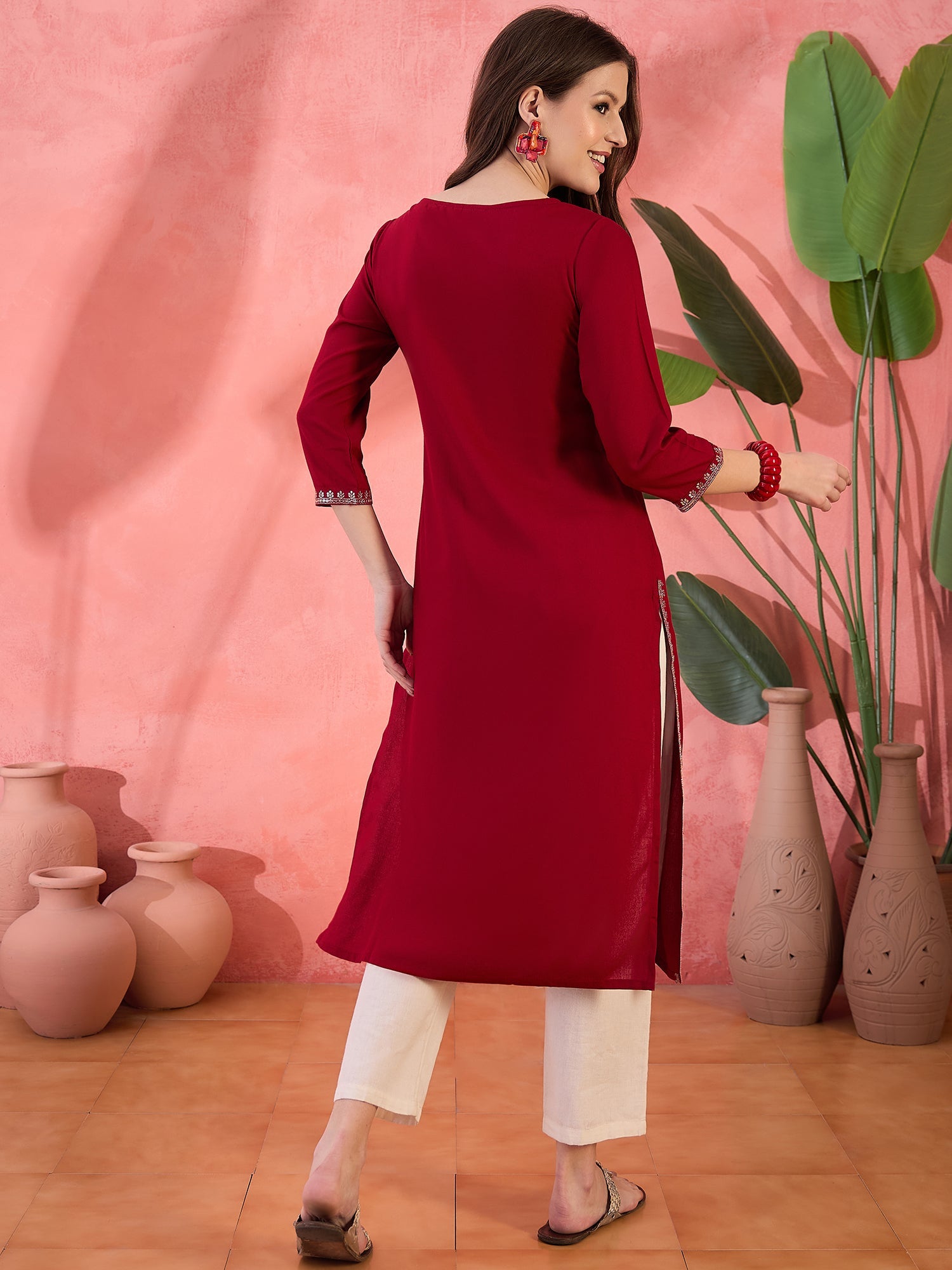 Maroon Embroidered Yoke Kurta - Elganza