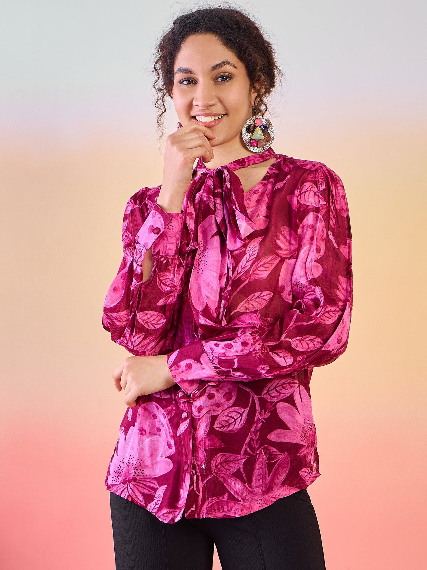 Burgundy Floral Print Shirt - Elganza