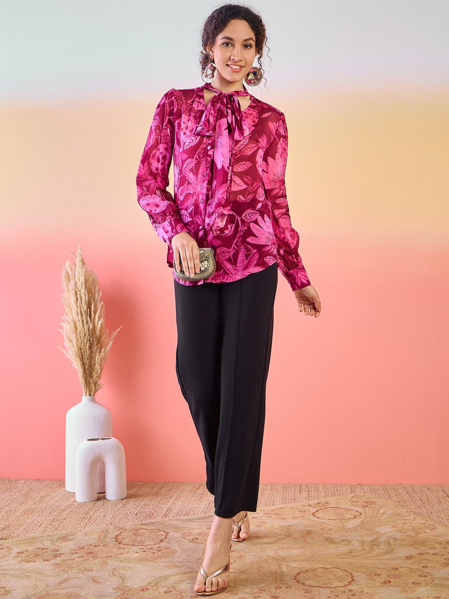 Burgundy Floral Print Shirt - Elganza