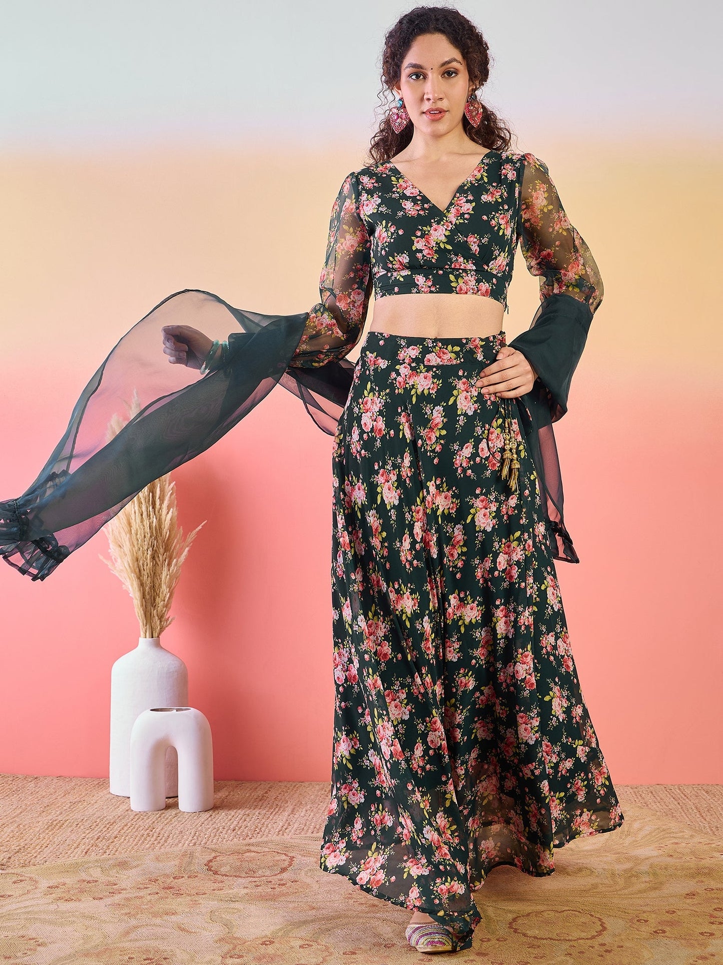 Dark Green  Floral Print Lehenga Choli With Dupatta - Elganza