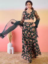Dark Green  Floral Print Lehenga Choli With Dupatta - Elganza