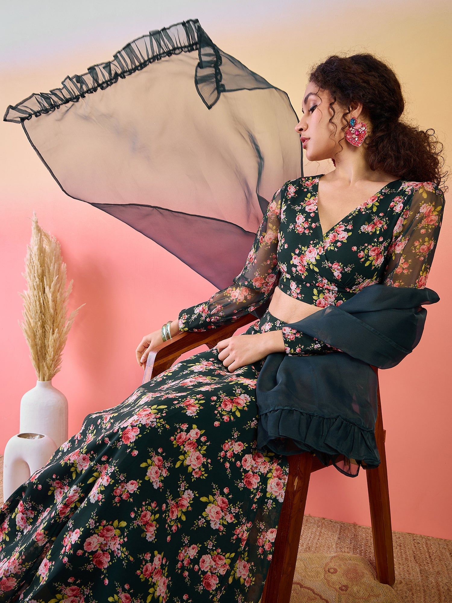 Dark Green  Floral Print Lehenga Choli With Dupatta - Elganza