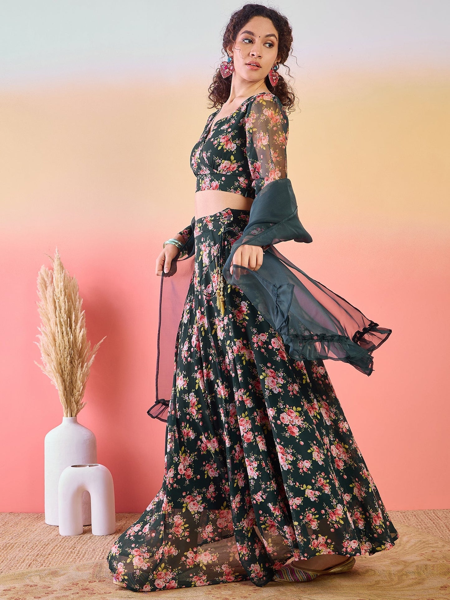 Dark Green  Floral Print Lehenga Choli With Dupatta - Elganza