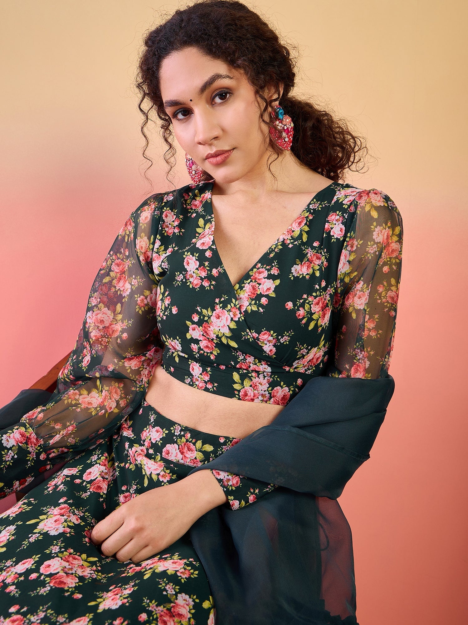 Dark Green  Floral Print Lehenga Choli With Dupatta - Elganza