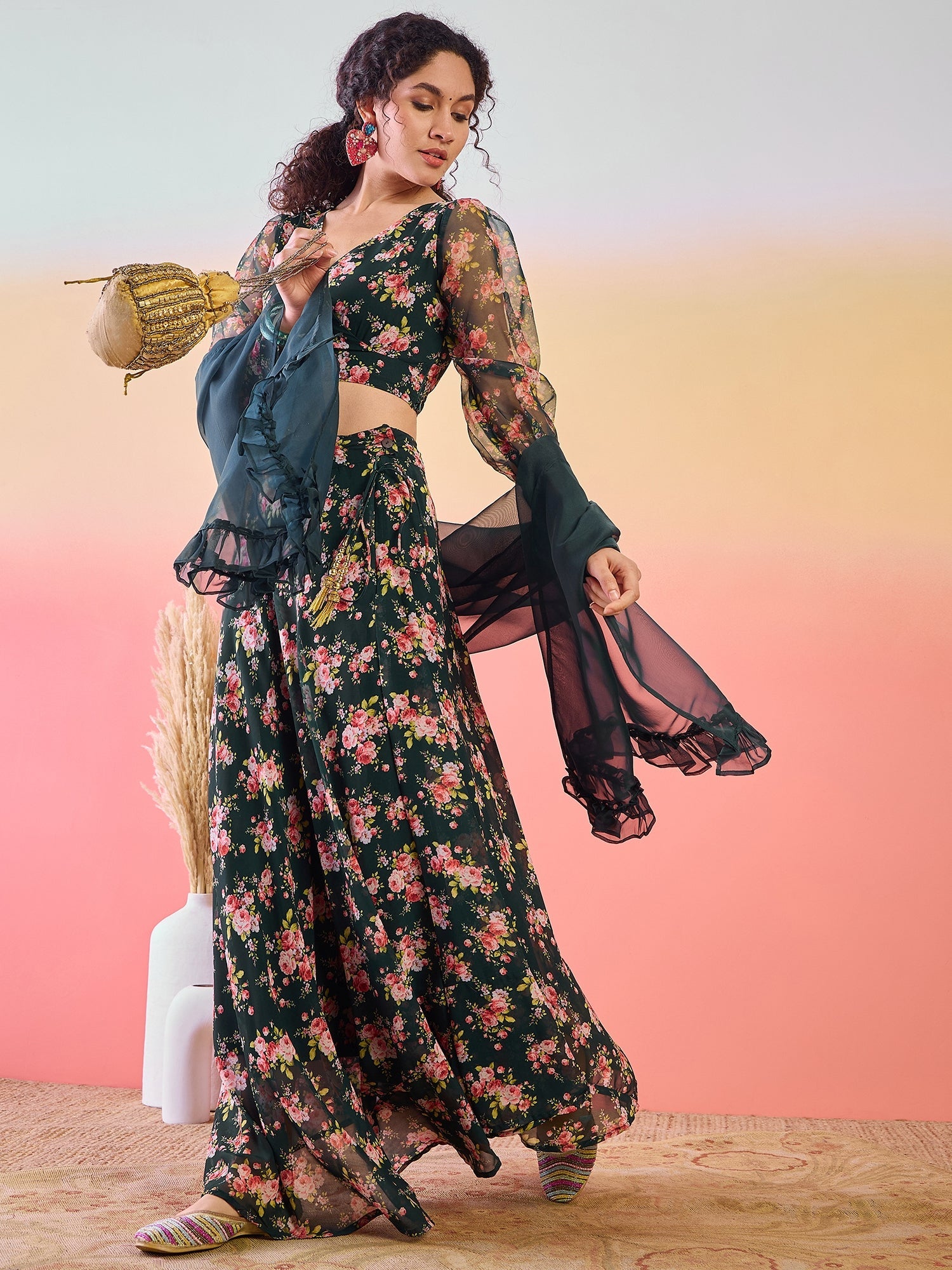 Dark Green  Floral Print Lehenga Choli With Dupatta - Elganza