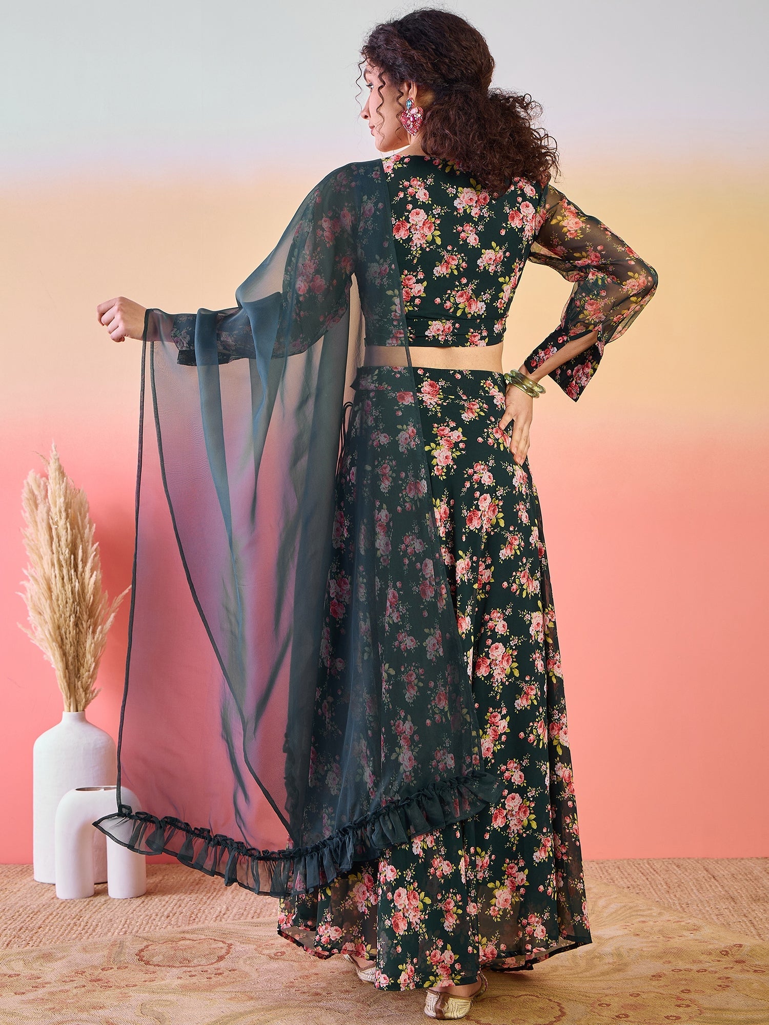 Dark Green  Floral Print Lehenga Choli With Dupatta - Elganza