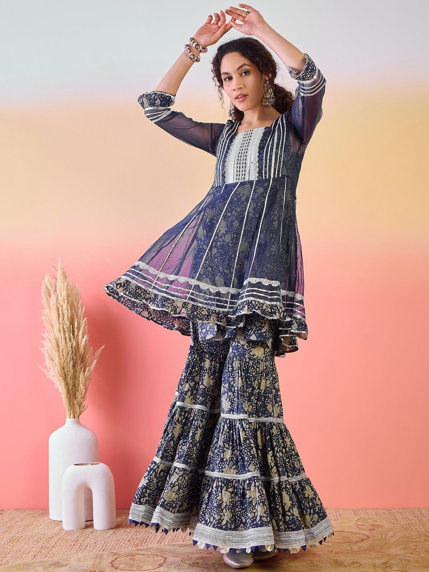 Navy Blue Floral Print Kurta Sharara Set - Elganza