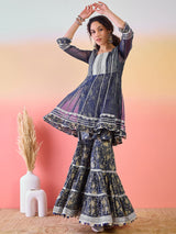 Navy Blue Floral Print Kurta Sharara Set - Elganza