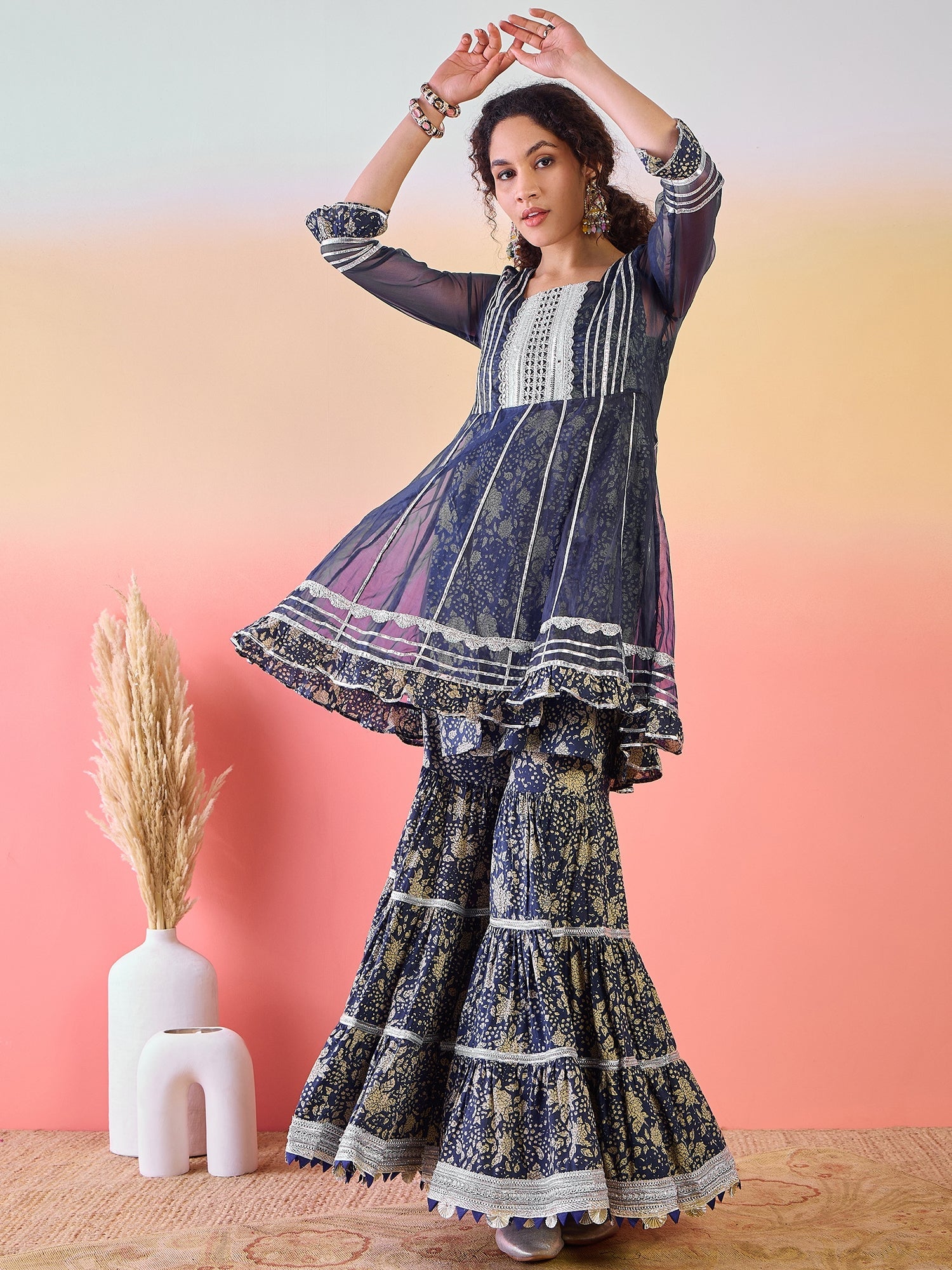 Navy Blue Floral Print Kurta Sharara Set - Elganza