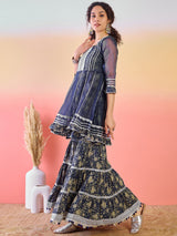 Navy Blue Floral Print Kurta Sharara Set - Elganza
