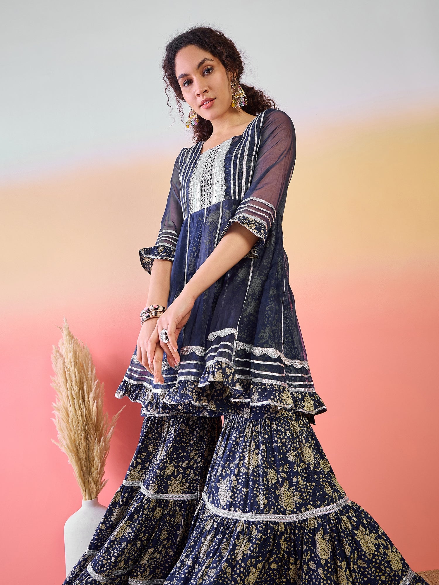 Navy Blue Floral Print Kurta Sharara Set - Elganza