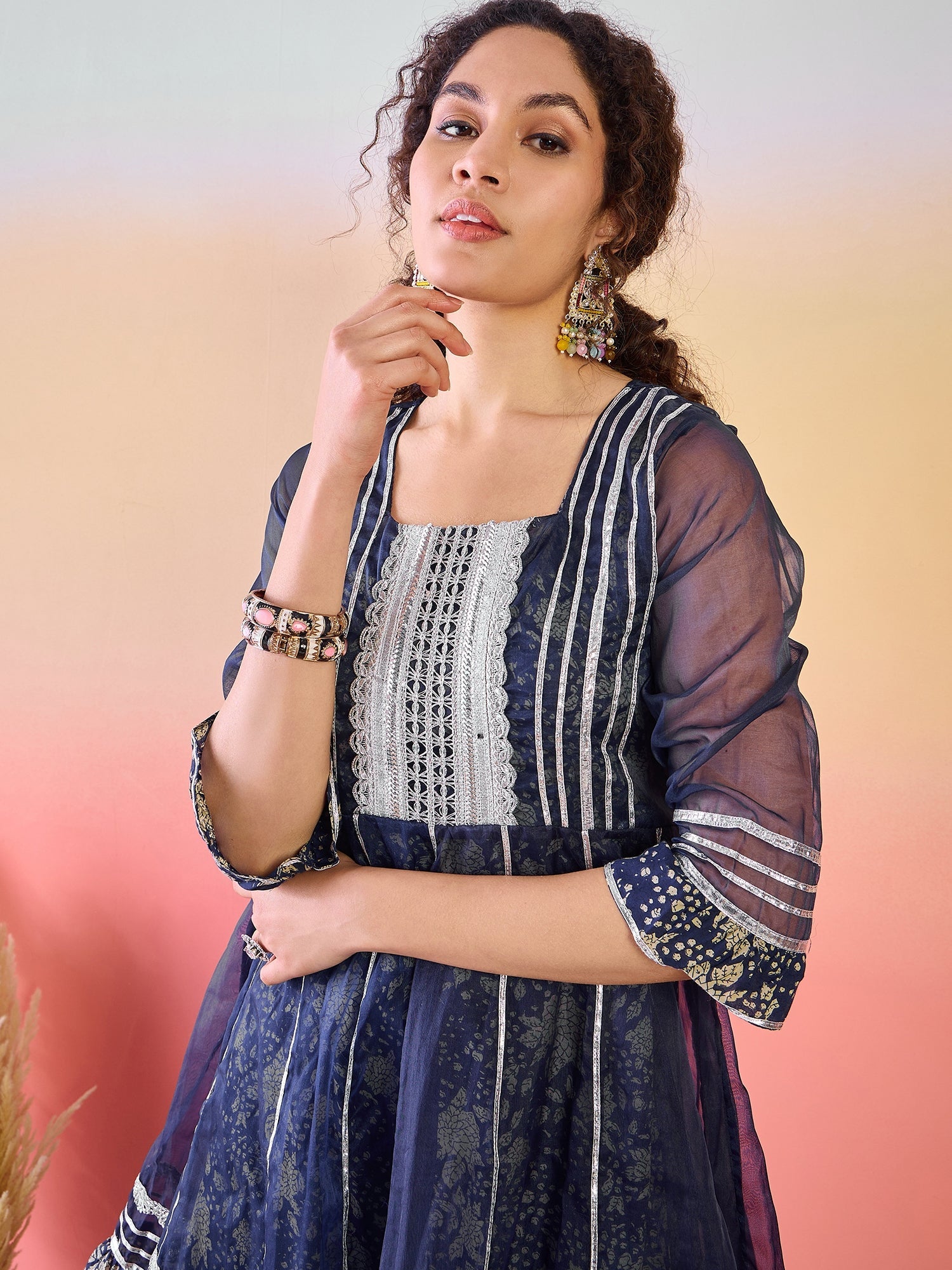 Navy Blue Floral Print Kurta Sharara Set - Elganza
