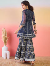 Navy Blue Floral Print Kurta Sharara Set - Elganza