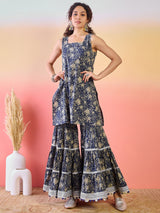 Navy Blue Floral Print Kurta Sharara Set - Elganza