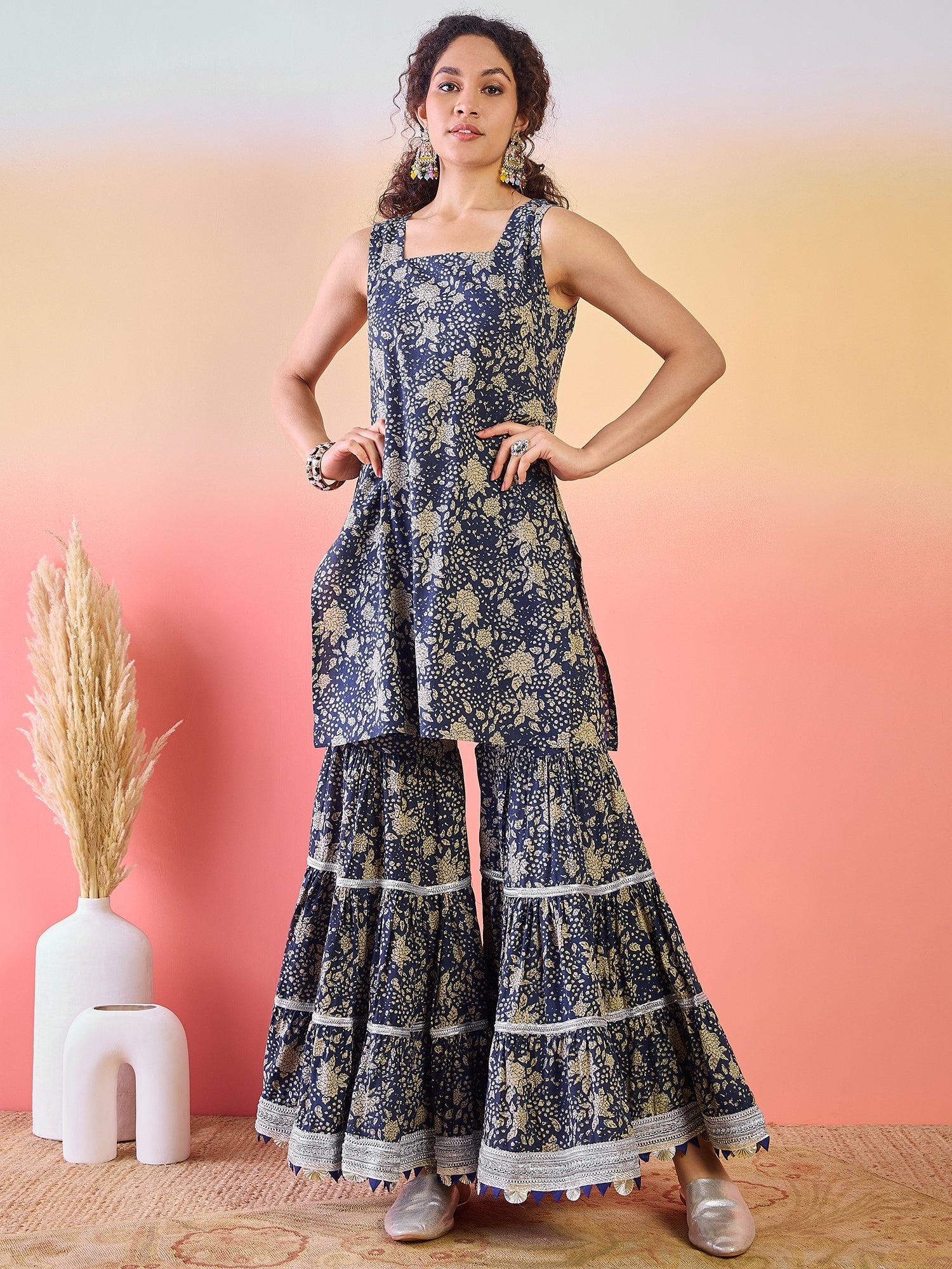 Navy Blue Floral Print Kurta Sharara Set - Elganza