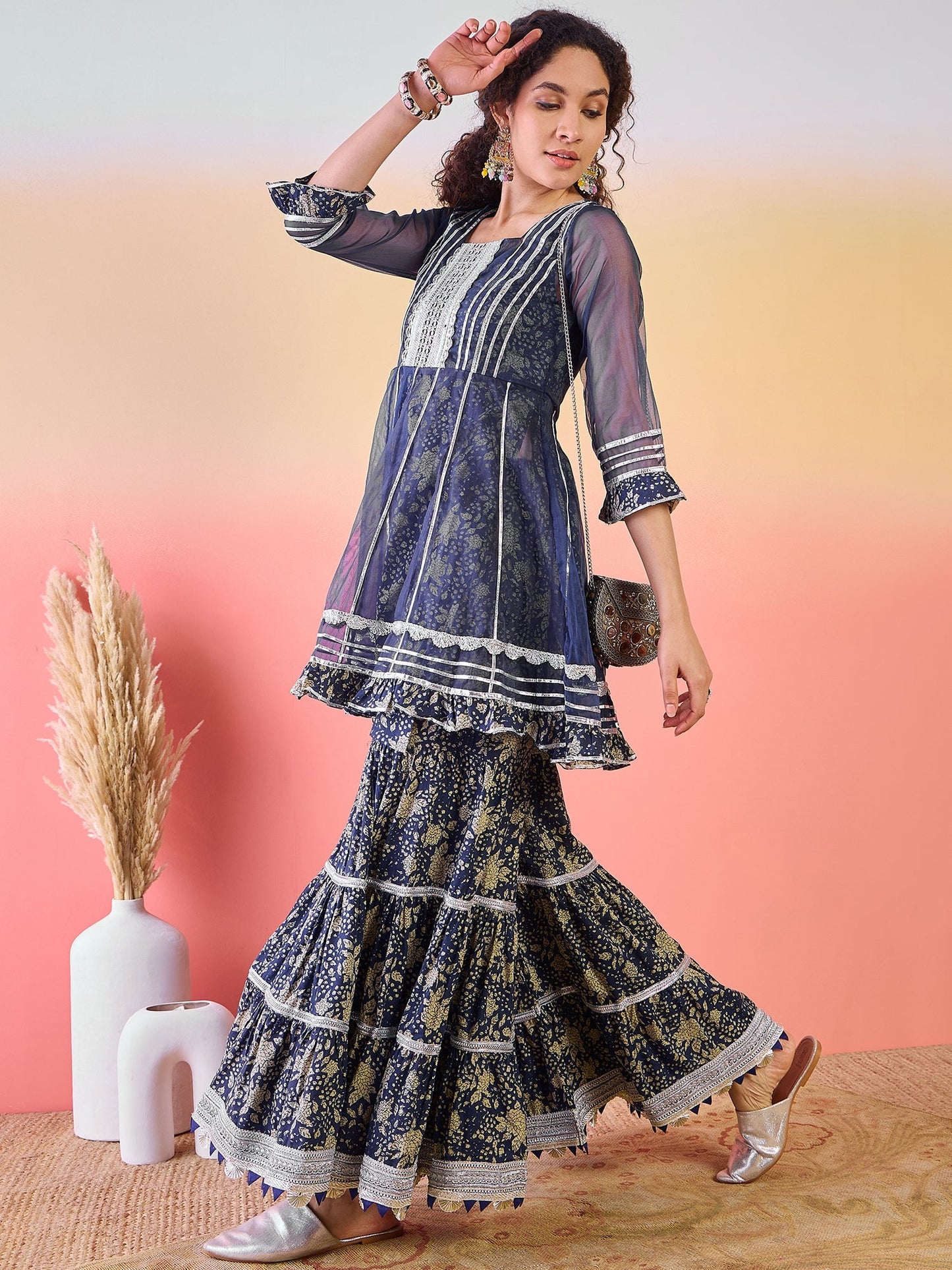 Navy Blue Floral Print Kurta Sharara Set - Elganza