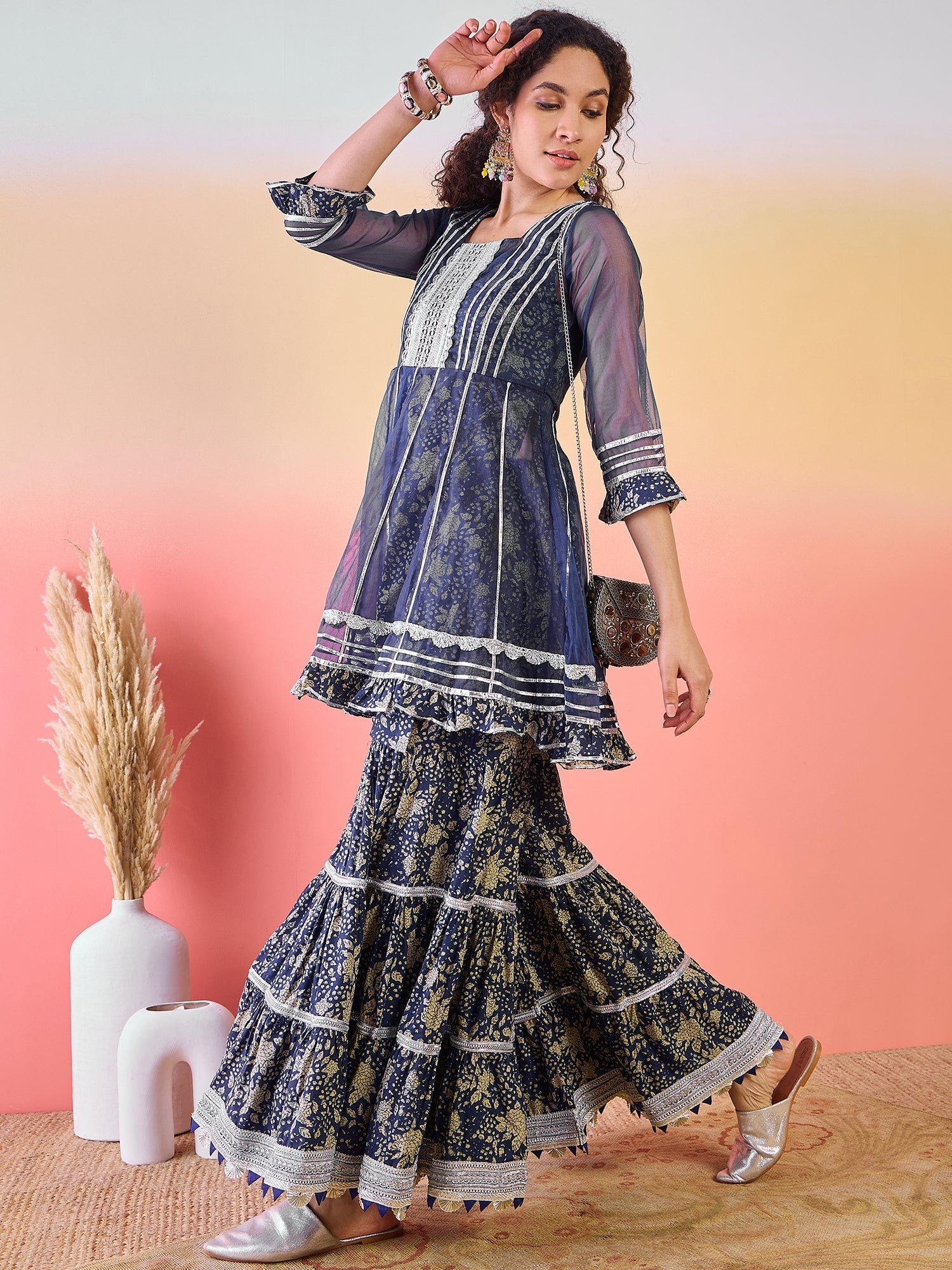 Navy Blue Floral Print Kurta Sharara Set - Elganza
