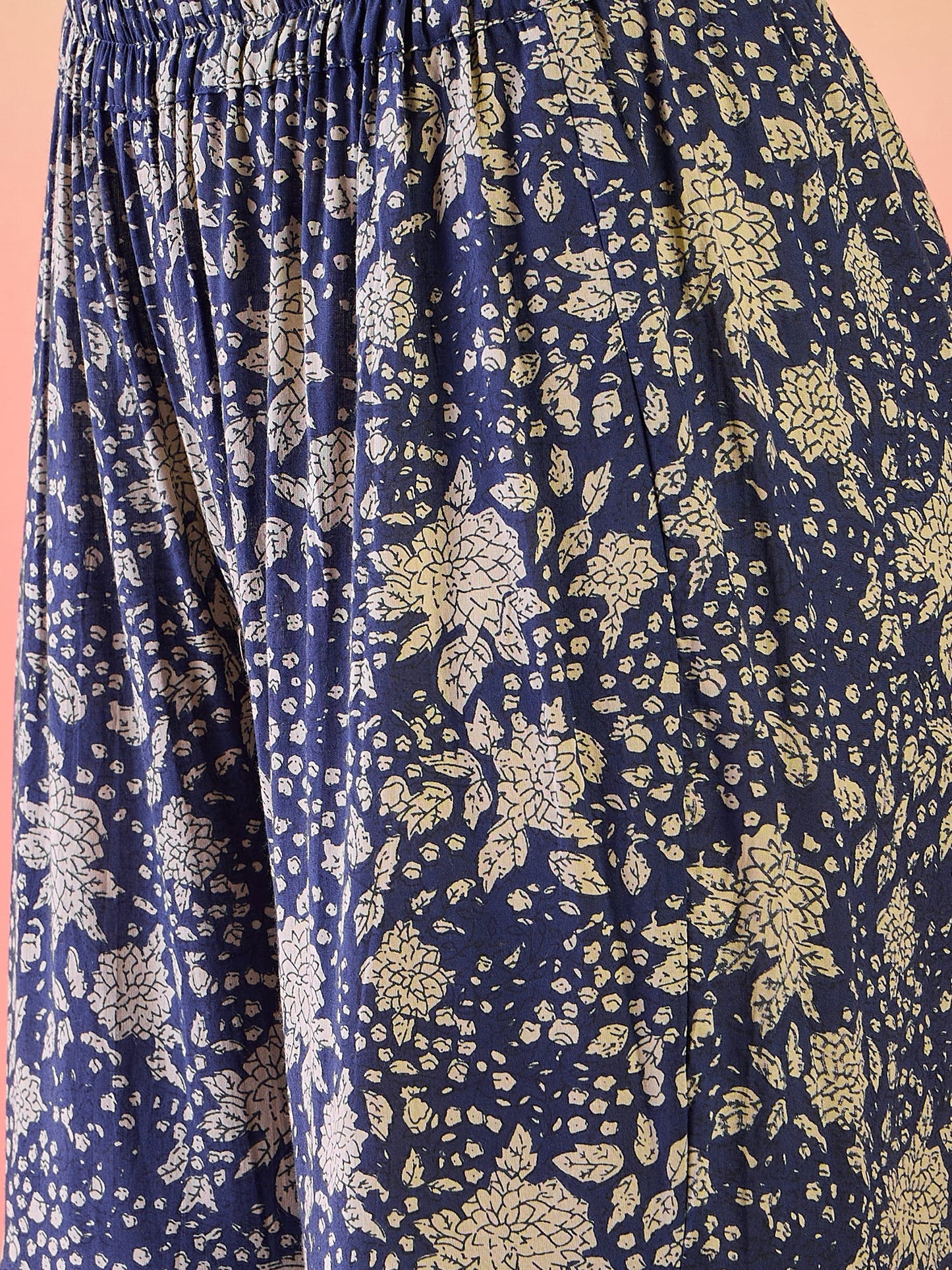 Navy Blue Floral Print Kurta Sharara Set - Elganza