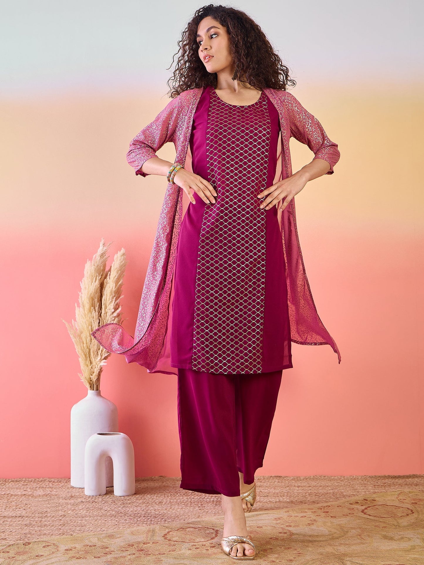 Maroon & Mauve Gold Foil Printed Kurta Palazzo With Jacket - Elganza