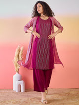 Maroon & Mauve Gold Foil Printed Kurta Palazzo With Jacket - Elganza