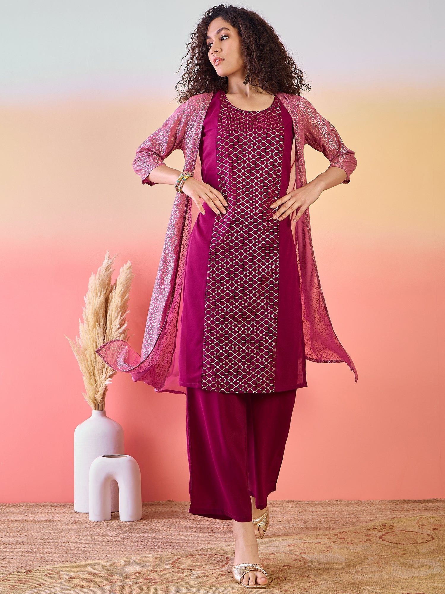 Maroon & Mauve Gold Foil Printed Kurta Palazzo With Jacket - Elganza