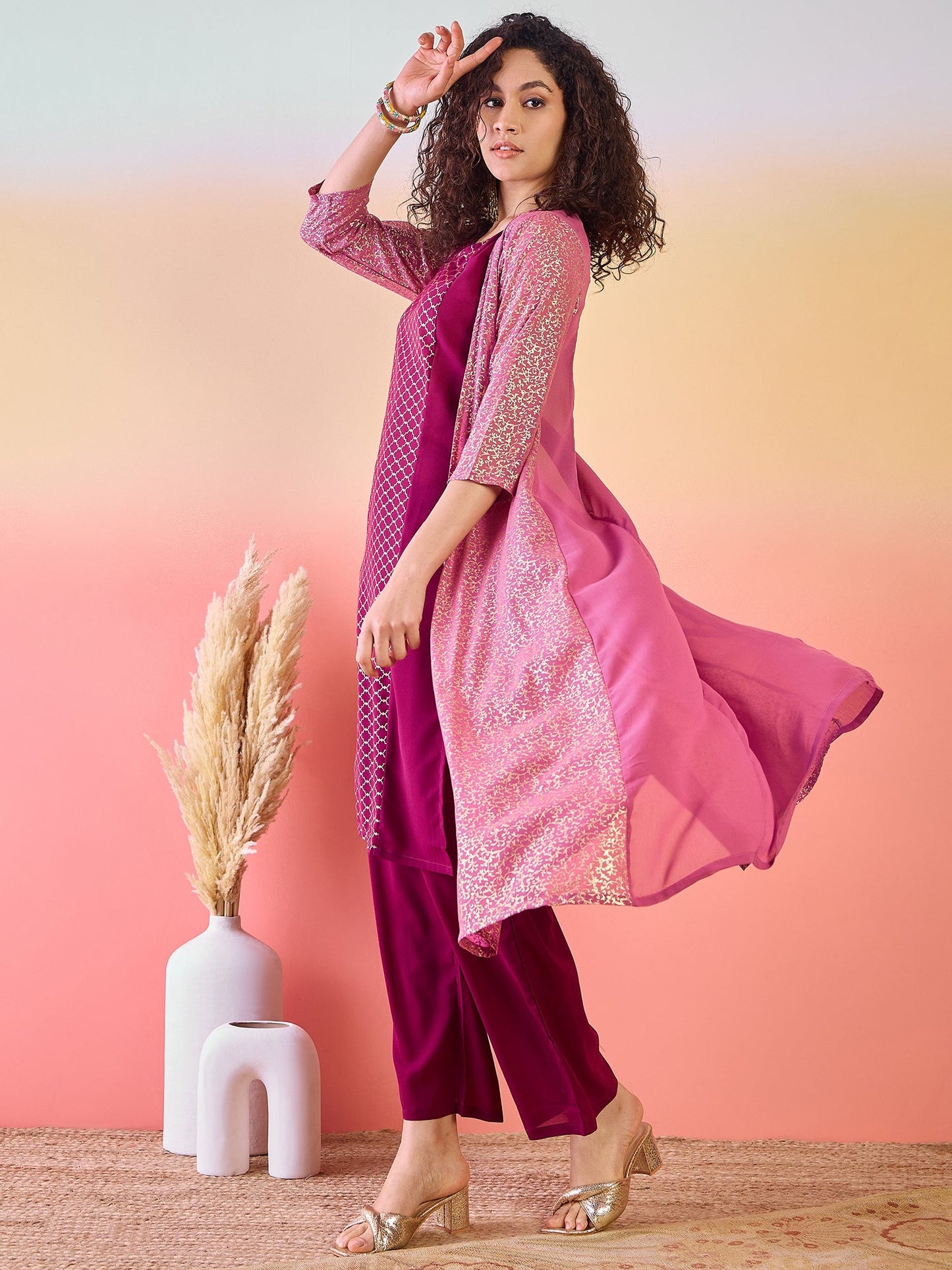 Maroon & Mauve Gold Foil Printed Kurta Palazzo With Jacket - Elganza