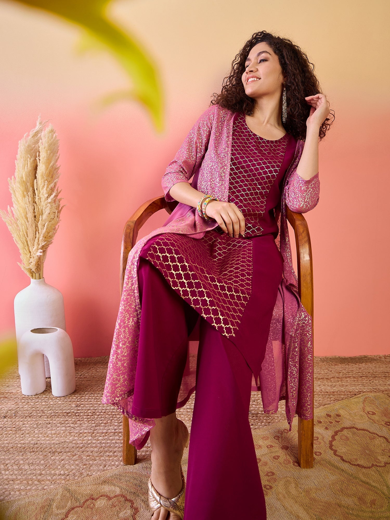 Maroon & Mauve Gold Foil Printed Kurta Palazzo With Jacket - Elganza