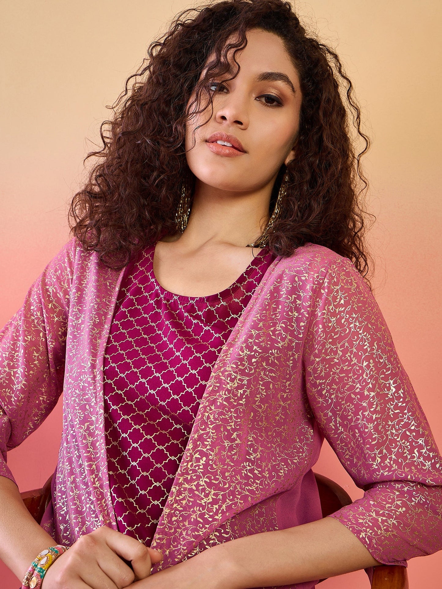 Maroon & Mauve Gold Foil Printed Kurta Palazzo With Jacket - Elganza