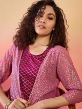 Maroon & Mauve Gold Foil Printed Kurta Palazzo With Jacket - Elganza