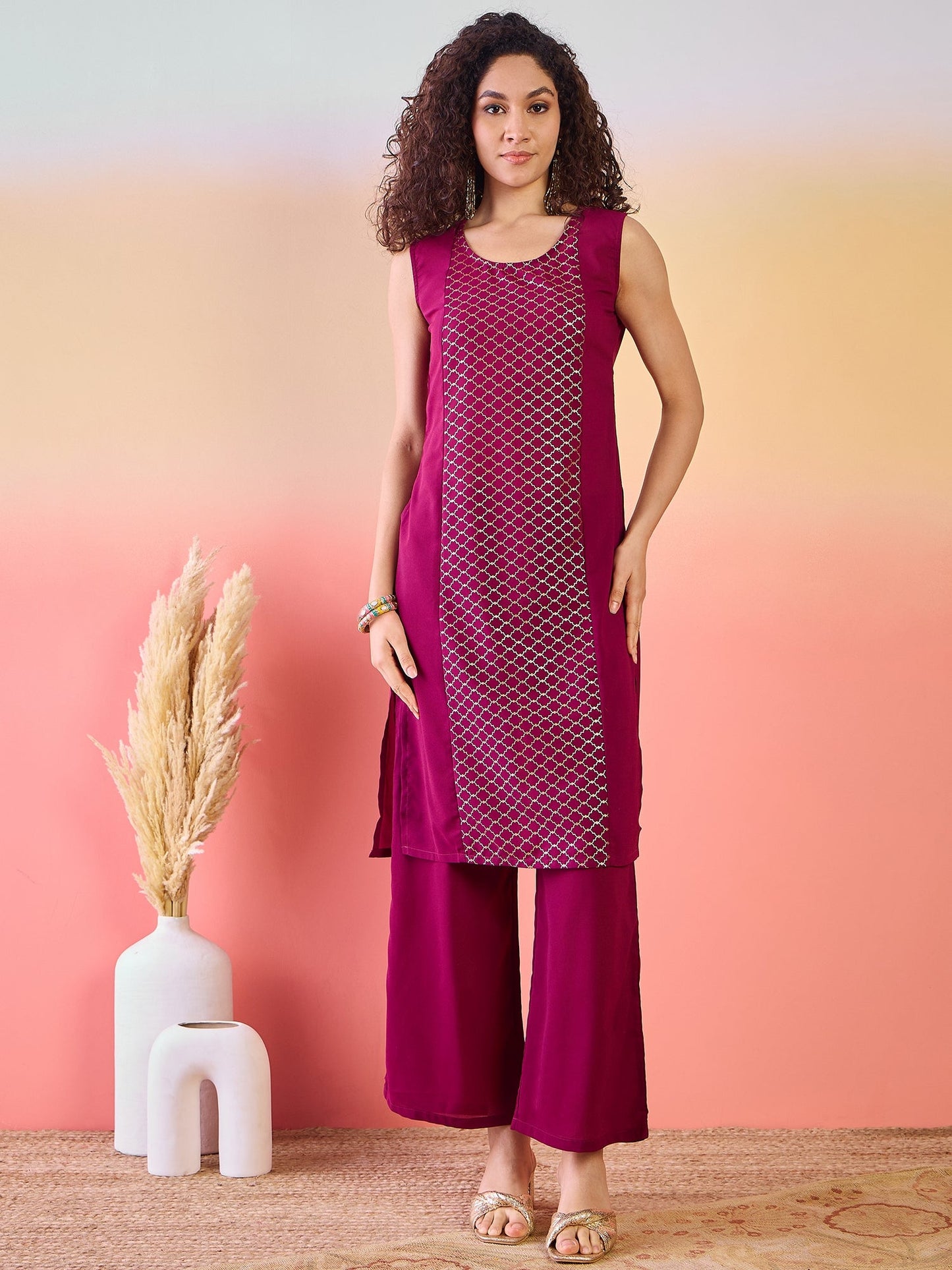 Maroon & Mauve Gold Foil Printed Kurta Palazzo With Jacket - Elganza