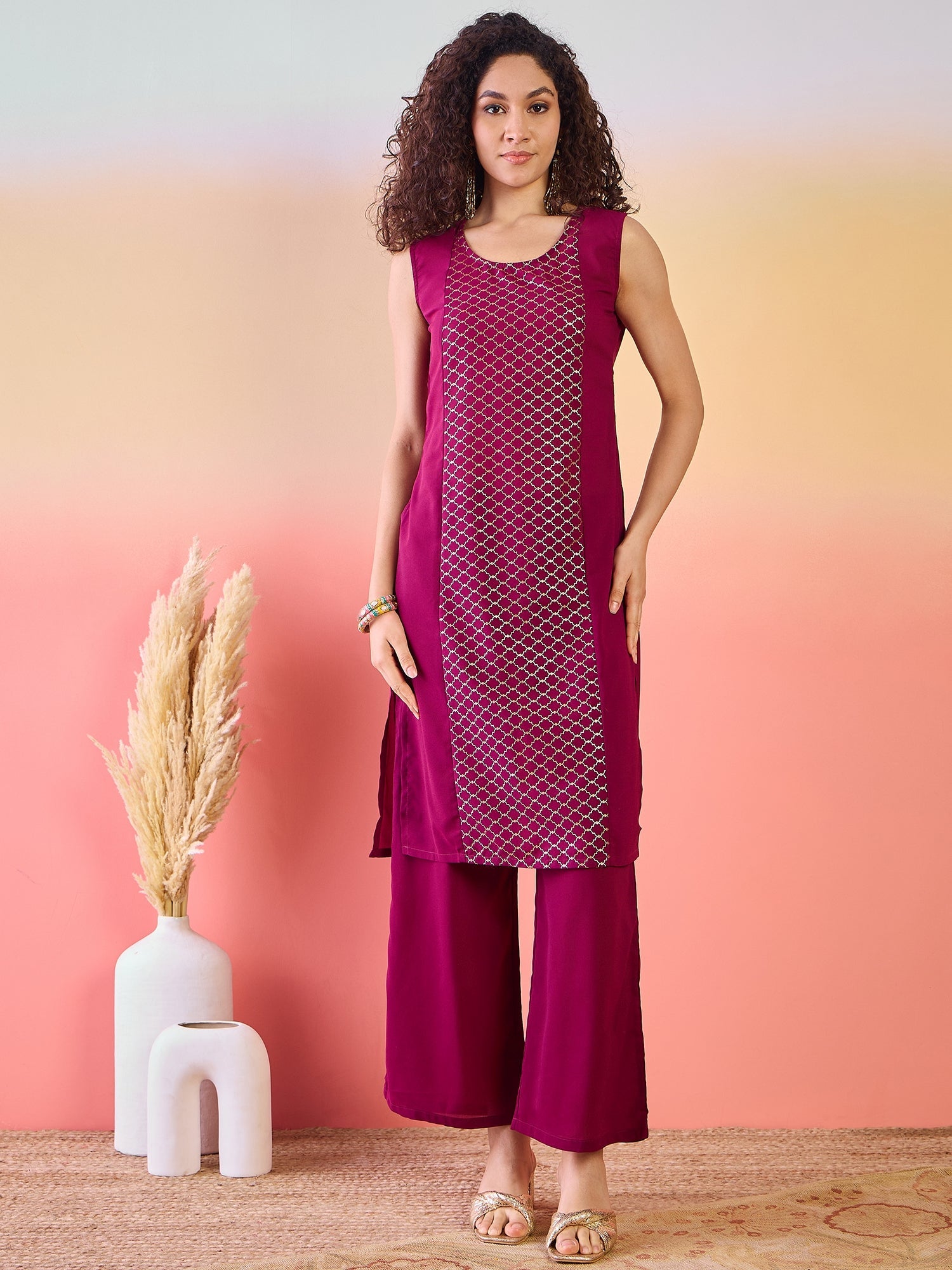 Maroon & Mauve Gold Foil Printed Kurta Palazzo With Jacket - Elganza