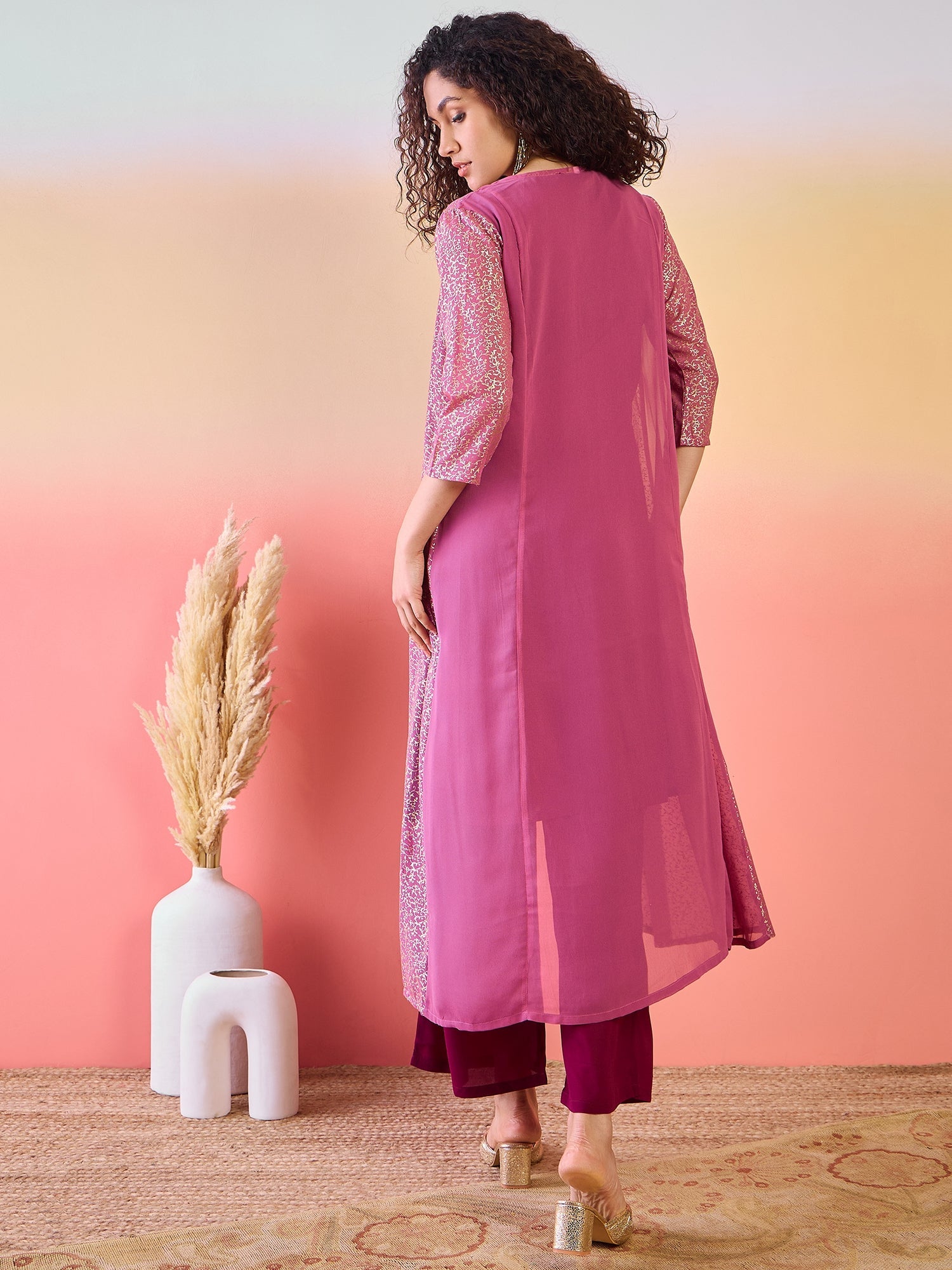 Maroon & Mauve Gold Foil Printed Kurta Palazzo With Jacket - Elganza