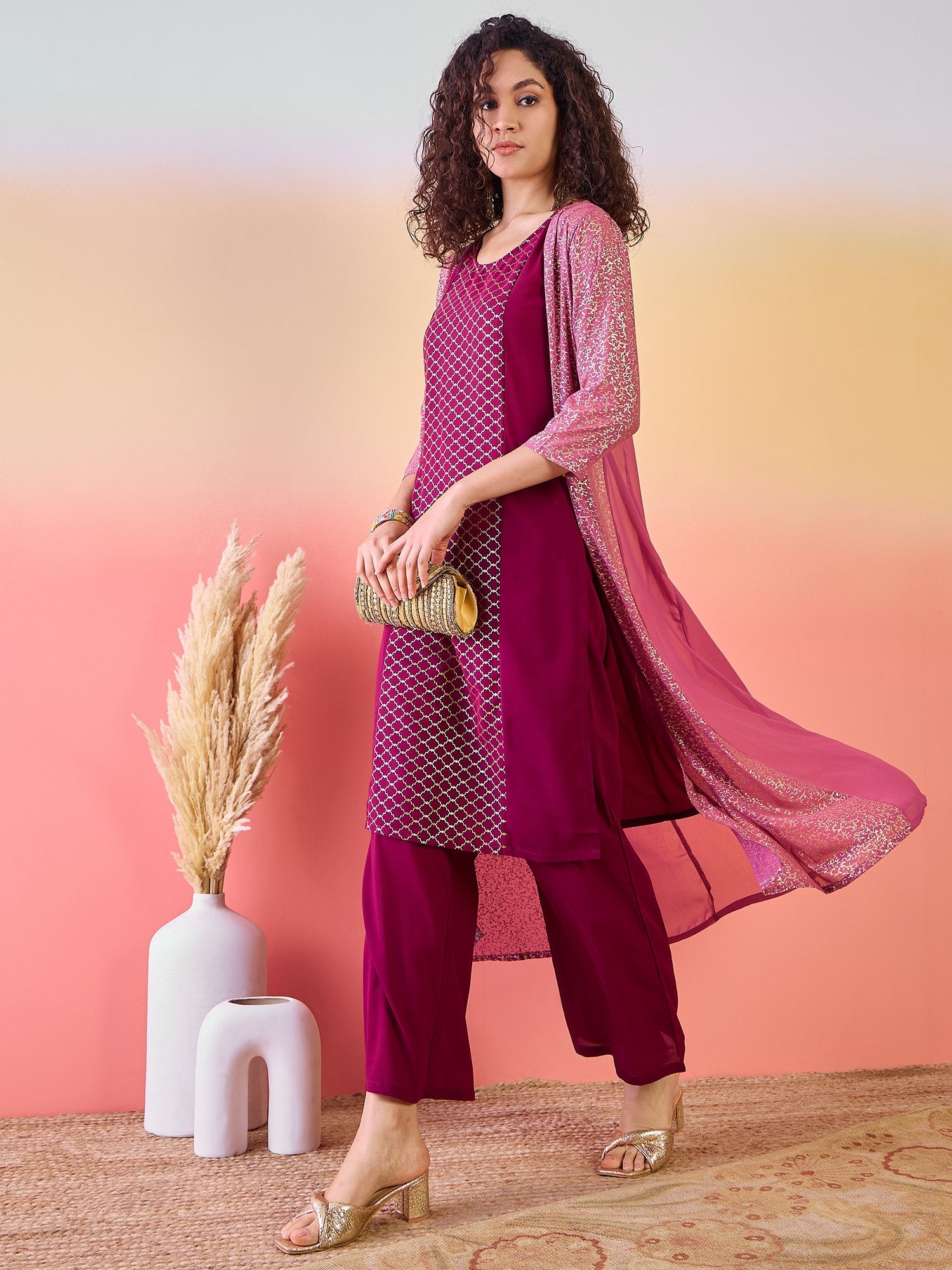 Maroon & Mauve Gold Foil Printed Kurta Palazzo With Jacket - Elganza
