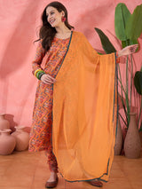 Orange Floral Print Anarkali Churidar With Dupatta - Elganza