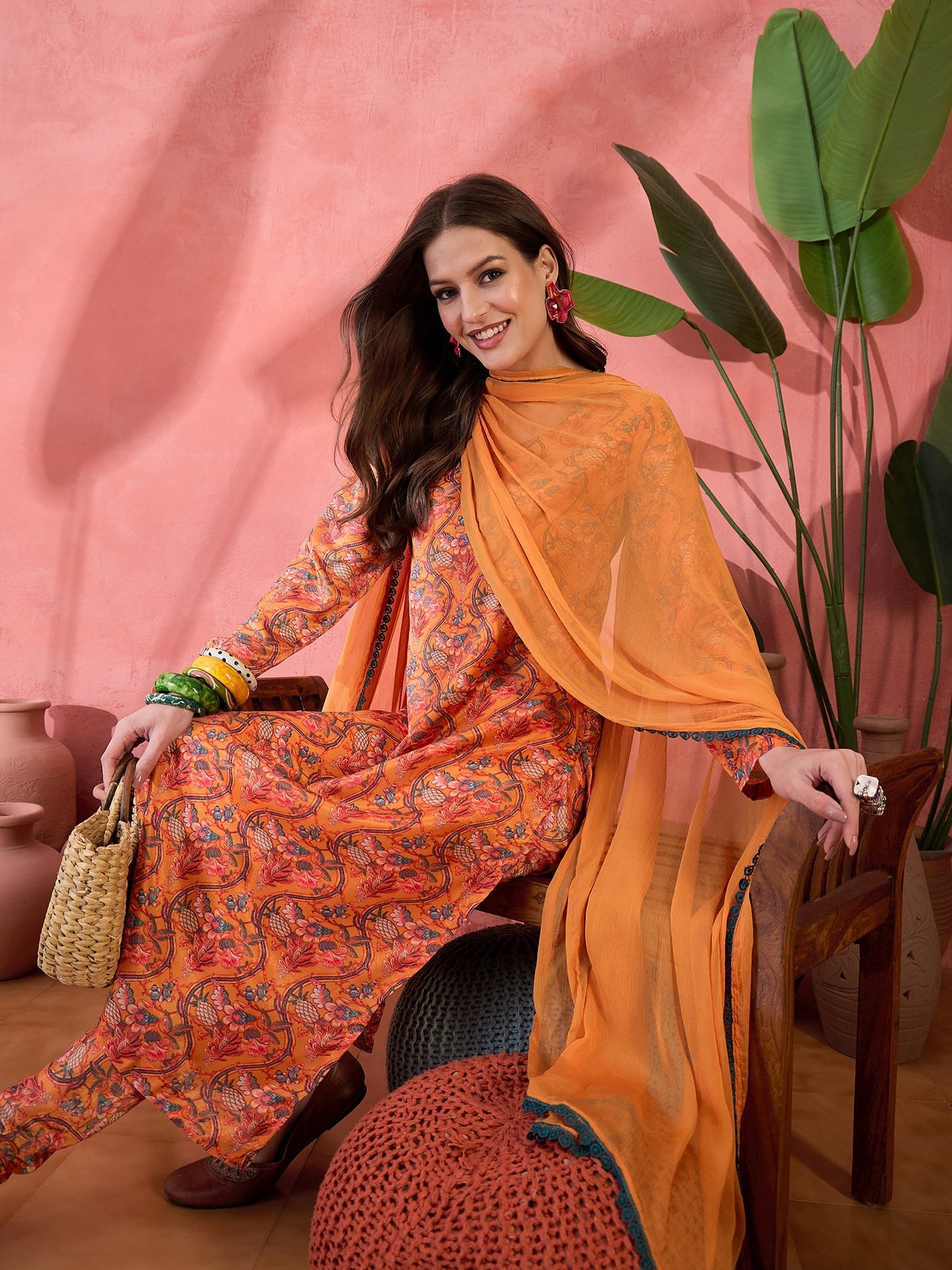 Orange Floral Print Anarkali Churidar With Dupatta - Elganza