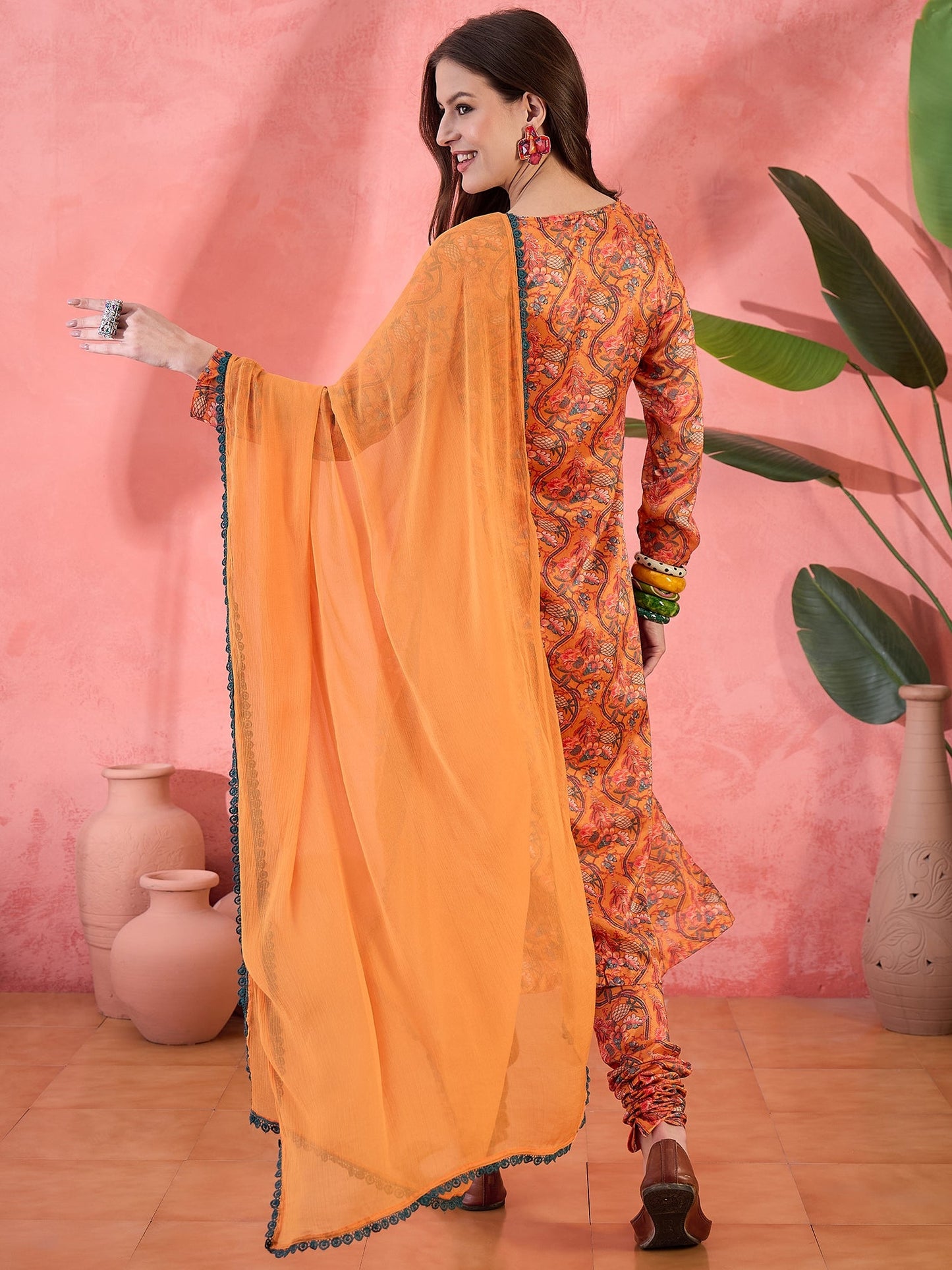 Orange Floral Print Anarkali Churidar With Dupatta - Elganza