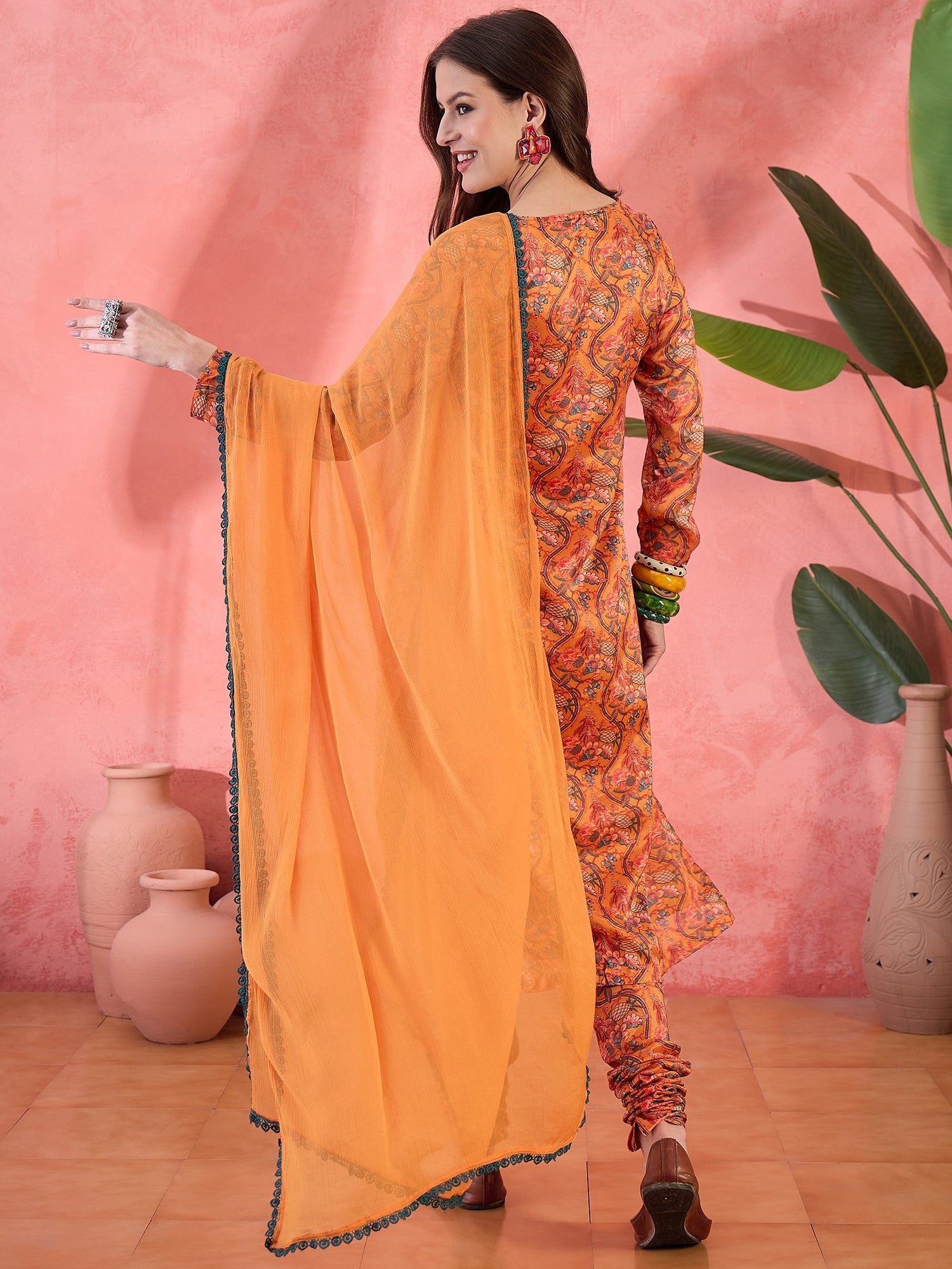Orange Floral Print Anarkali Churidar With Dupatta - Elganza
