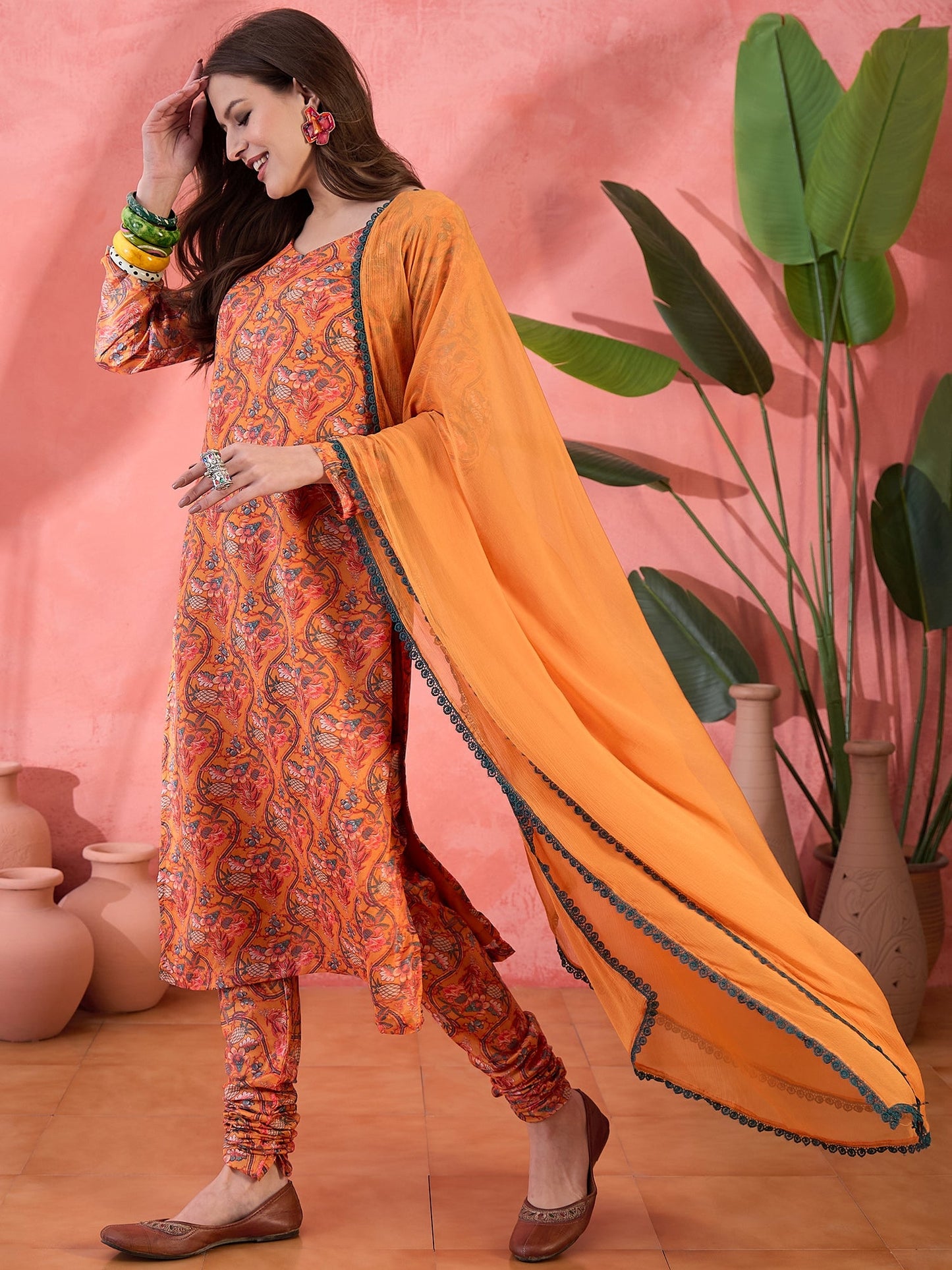 Orange Floral Print Anarkali Churidar With Dupatta - Elganza
