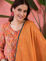 Orange Floral Print Anarkali Churidar With Dupatta - Elganza
